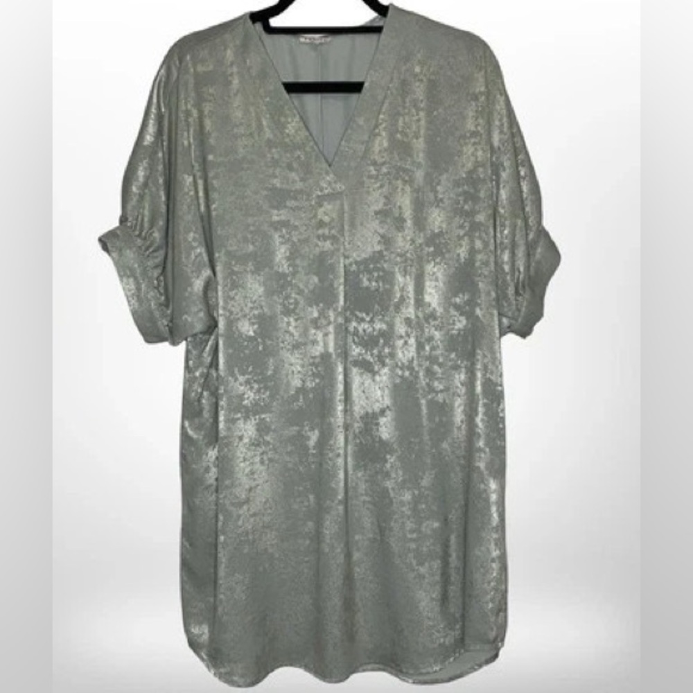 Women’s Jodifl Sage/Metallic Liquid Metal V-Neck Dress‎ Sz Medium